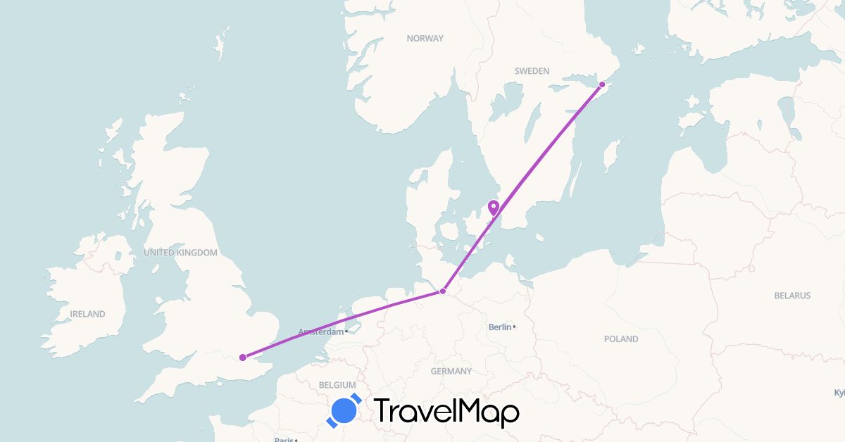 TravelMap itinerary: driving, train in Germany, Denmark, United Kingdom, Sweden (Europe)